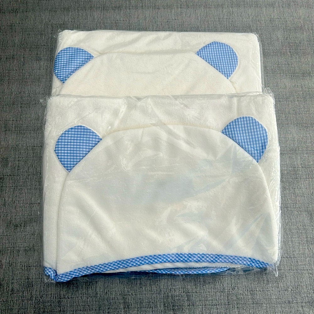 Organic baby bath towels set of 2 blue gingham striped.